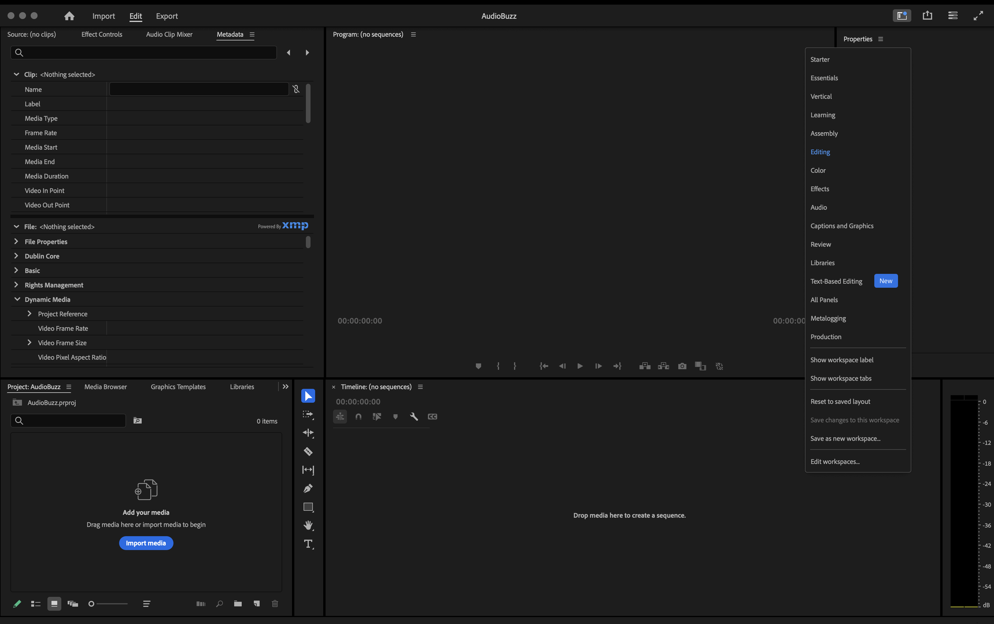 How to use Adobe Premiere Pro - An image of the Premiere Pro Workspaces menu