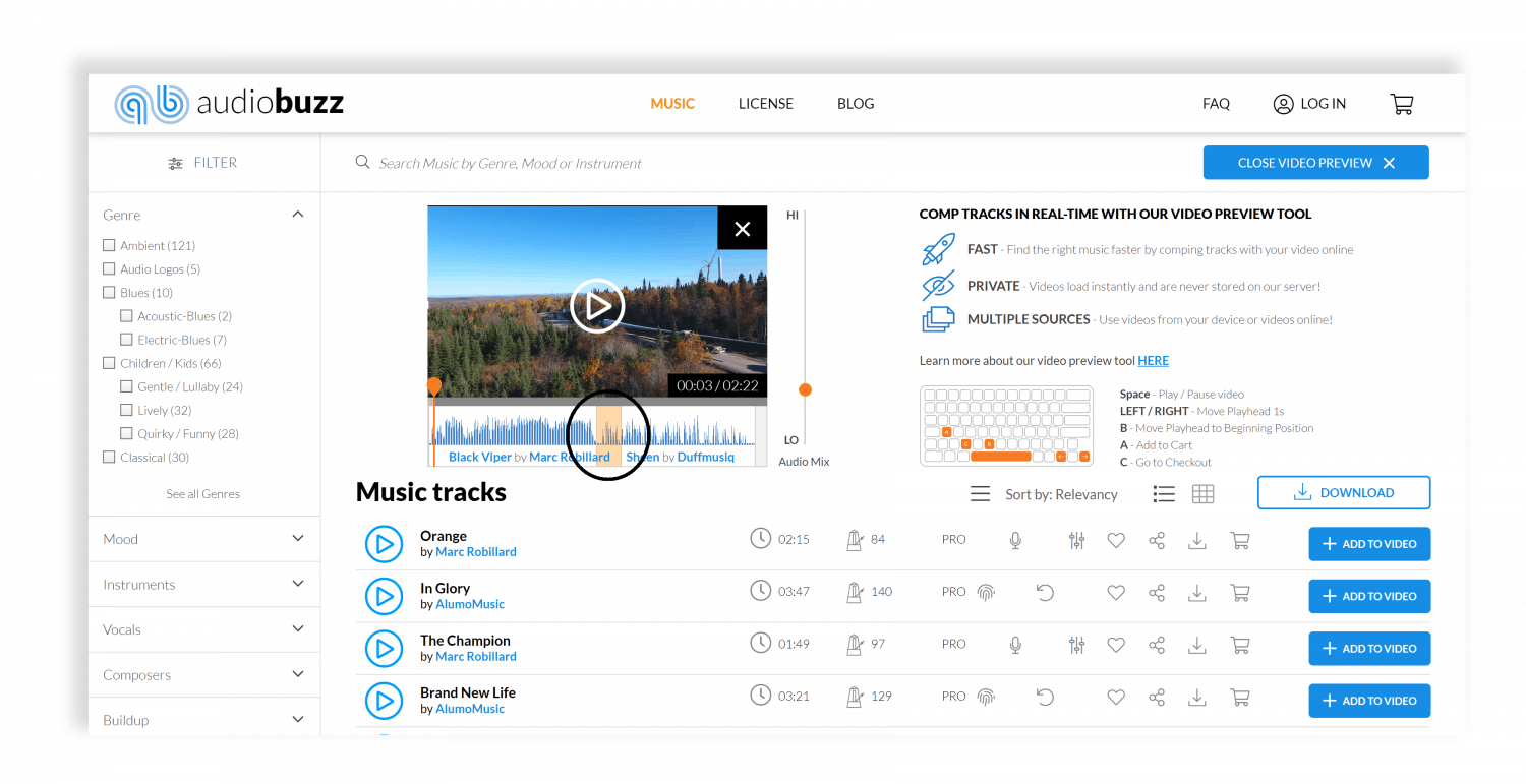 Audio-Buzz-Video-Preview-Tool-Music-Search-Page-Two-Tracks-Selected