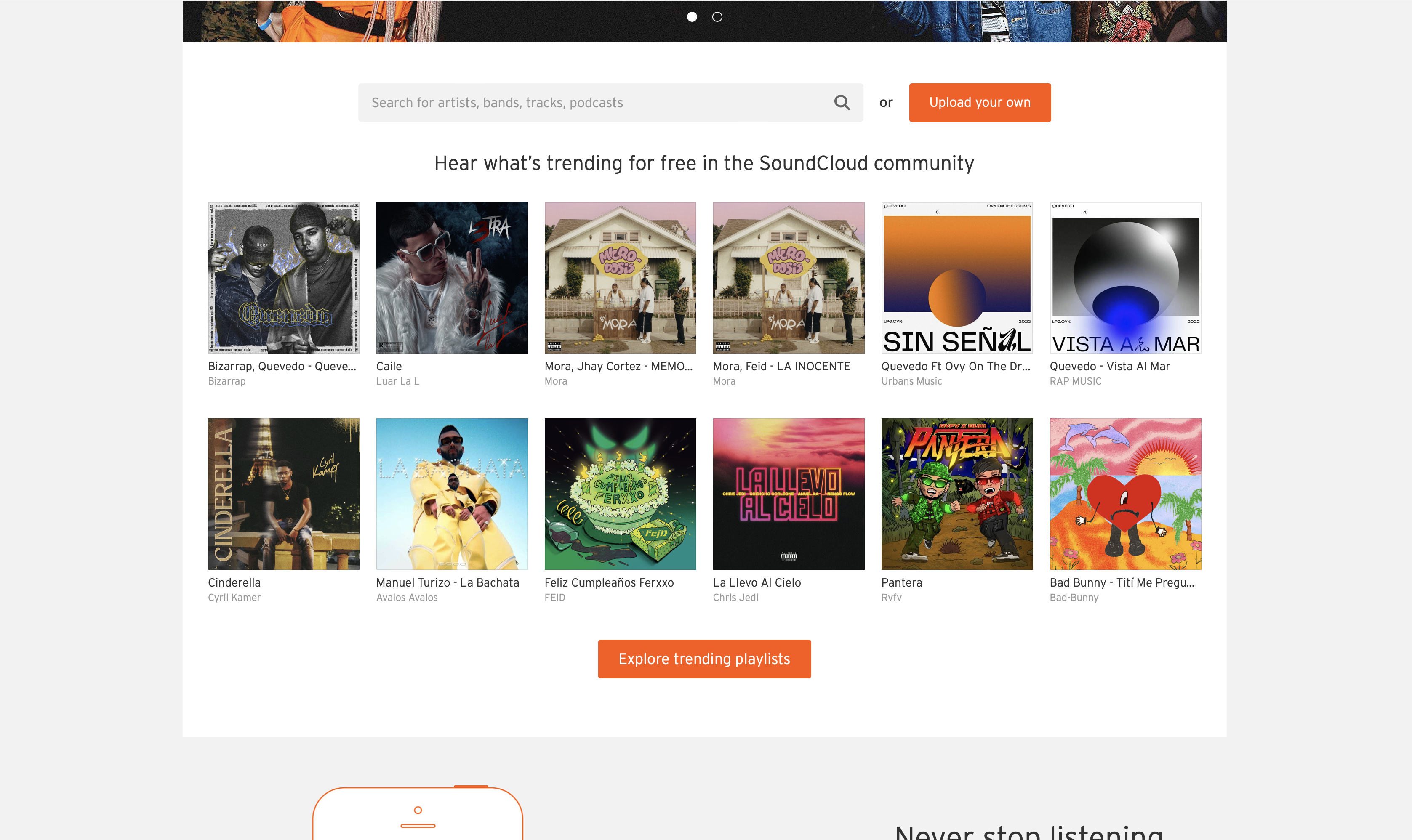 How To Download Music In 2022 - An image of the Soundcloud homepage.
